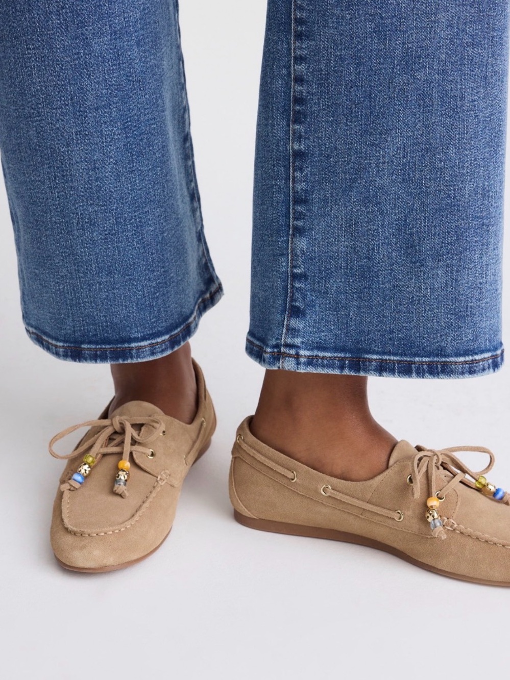 Madewell Beige Suede Moccasin Loafers with Bead-Tied Laces